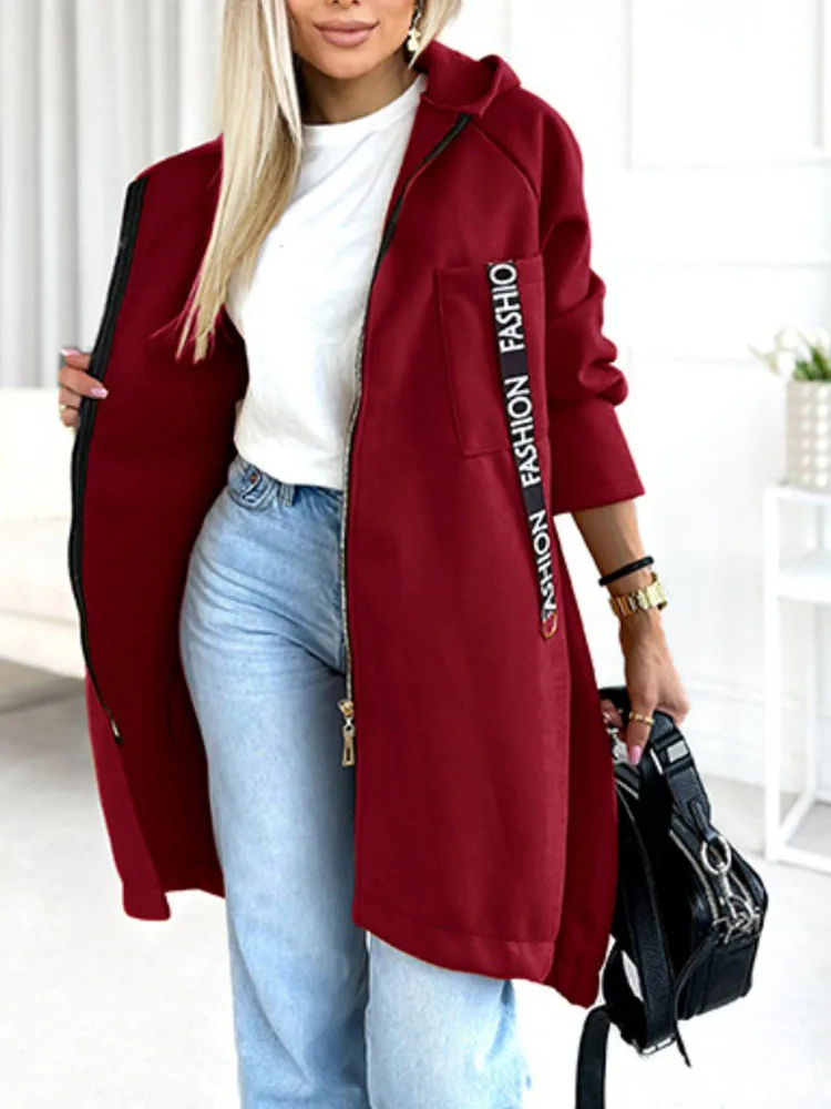 

Модные толстовки, спортивная длинная куртка, осень-зима, новое пальто на молнии с длинными рукавами, женское повседневное пальто с буквенным принтом, верхняя одежда для поездок на работу