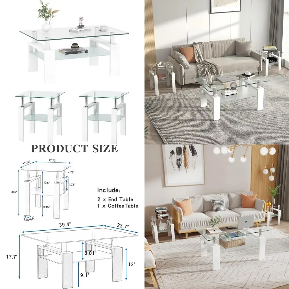 

Modern 3-Piece Glass and Metal Coffee and End Table Set for Living Room with Double-Layer Tempered Glass