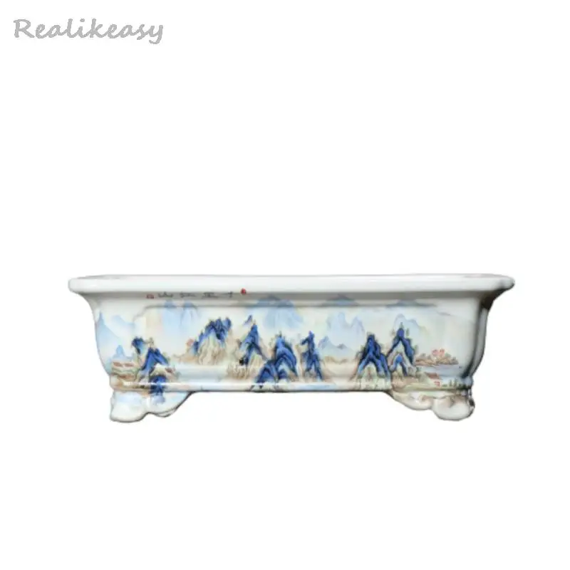 6 Size Chinese Rectangular Hand-Painted Succulent Flower Pot Ceramic Bonsai Pot Household Desktop Decorative Flower Pot LE374