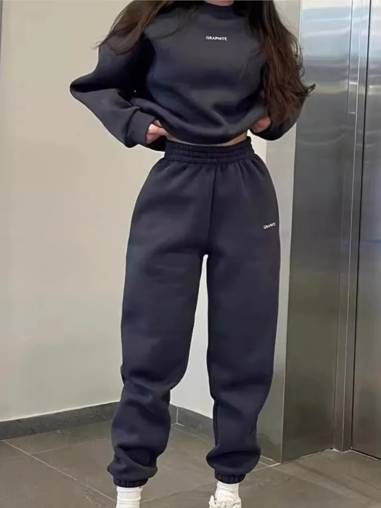 

Casual Hoodie Set Female Fashion Long Sleeve O Neck Pullover Tops+High Waist Pants 2 Pieces Set For Woman Sports Womens Clothing