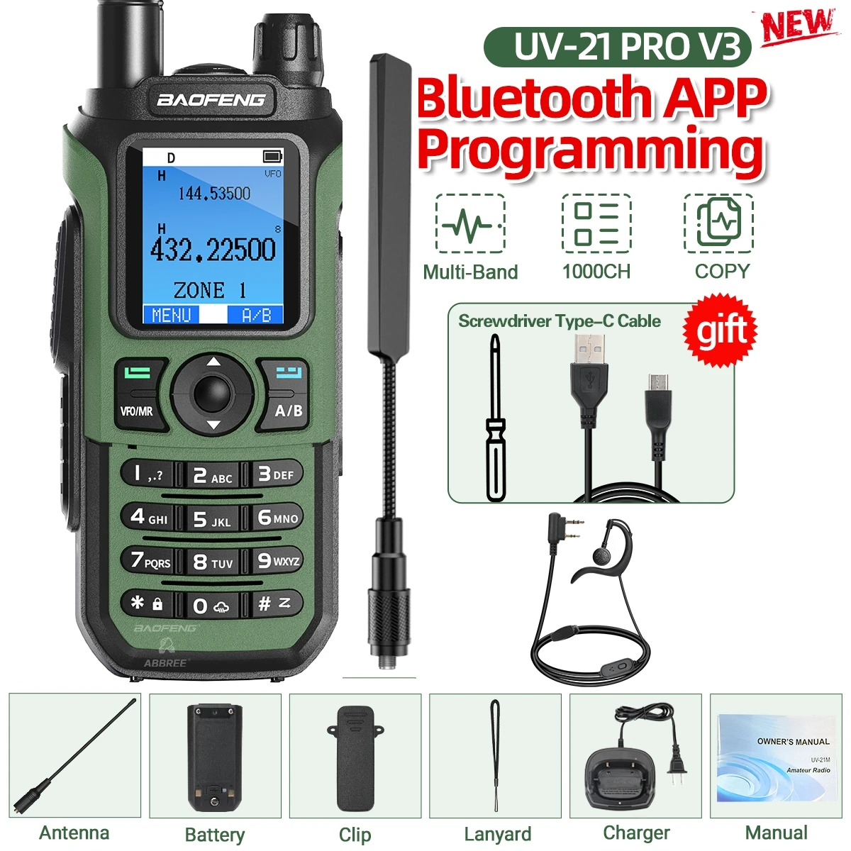 Baofeng UV-21 PRO Air Band Walkie Talkie Lange afstand Bluetooth Programmering 1000CH AM FM NOAA VOX Type-C Oplader V3 Tweerichtingsradio