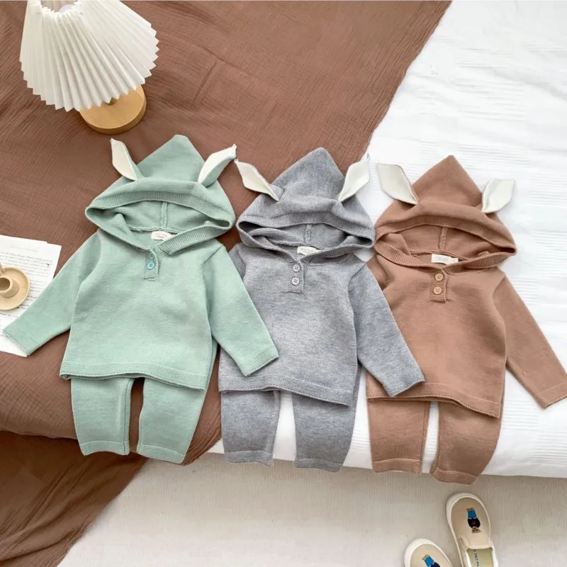 

Newborn Baby Girl Boy Cotton Knitted Clothes Set Hoodie+Pants Infant Cute Solid Hooded Sweater Suit Spring Autumn Clothes 3-18M