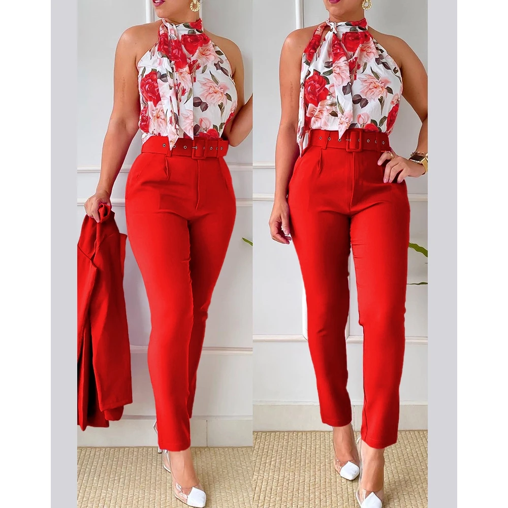 Women's Fashion Casual Set 2023 Spring Cute Fresh Sweet High Waist Pants Set with Belt Blossom Print Halter Tank Top