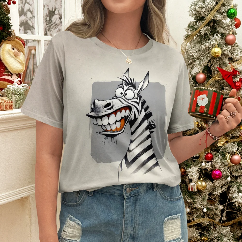 เสื้อยืดพิมพ์ลายม้าลายสีดำและสีขาวสำหรับผู้หญิงแขนสั้นคอกลมดีไซน์ฤดูร้อนลำลอง - สไตล์การ์ตูนแสนสนุก