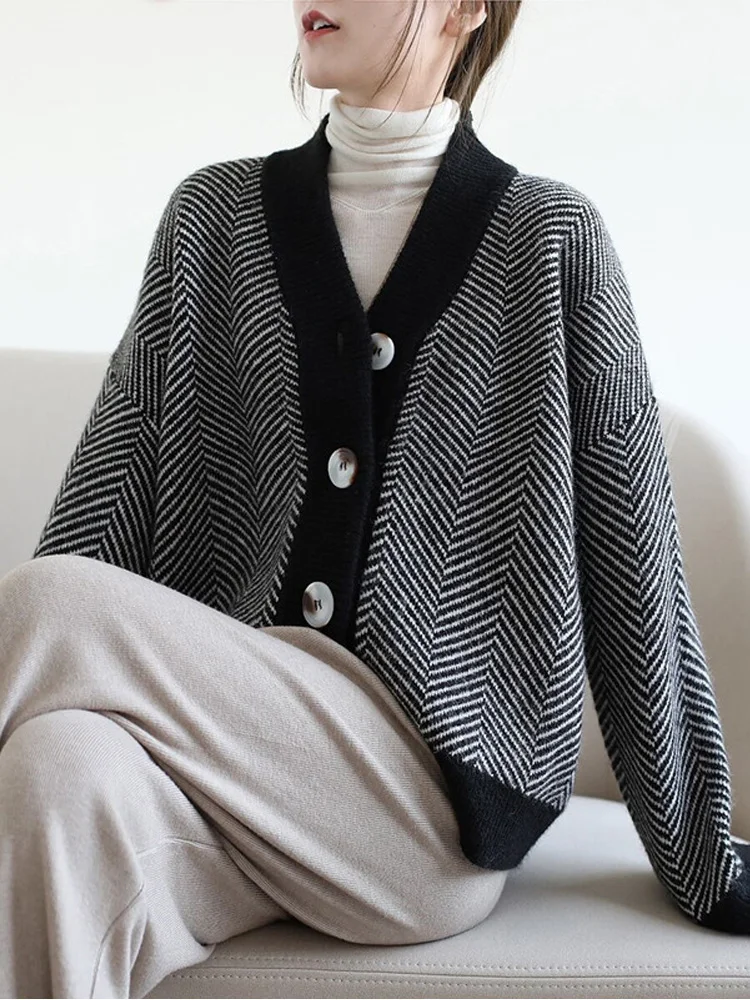 Nuevo Suéter informal holgado a rayas para mujer, chaqueta holgada informal de punto de manga larga con cuello en V a la moda para oficina