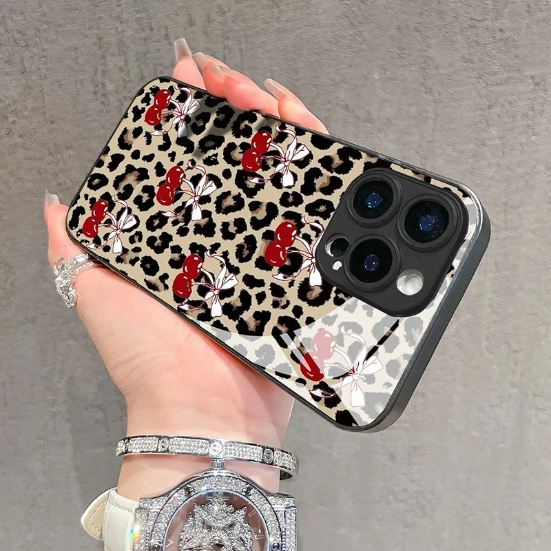 Leopard Print Bow Cherry Pattern Tempered Glass Phone Case For iPhone 17 16 Pro Max 15 14 13 12 11 Pro 16E 7 Plus XR XS X Cover