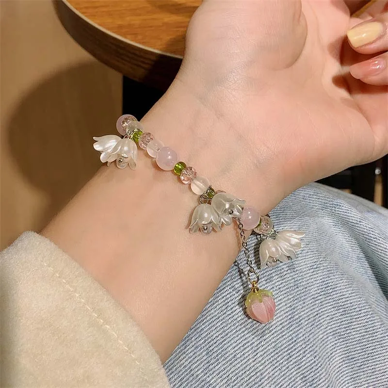 Vintage Sweet Pink Crystal Pearl Lily Flower Bracelet for Women Korean Cute Tassel Butterfly Pendant Bracelet Aesthetic Jewelry