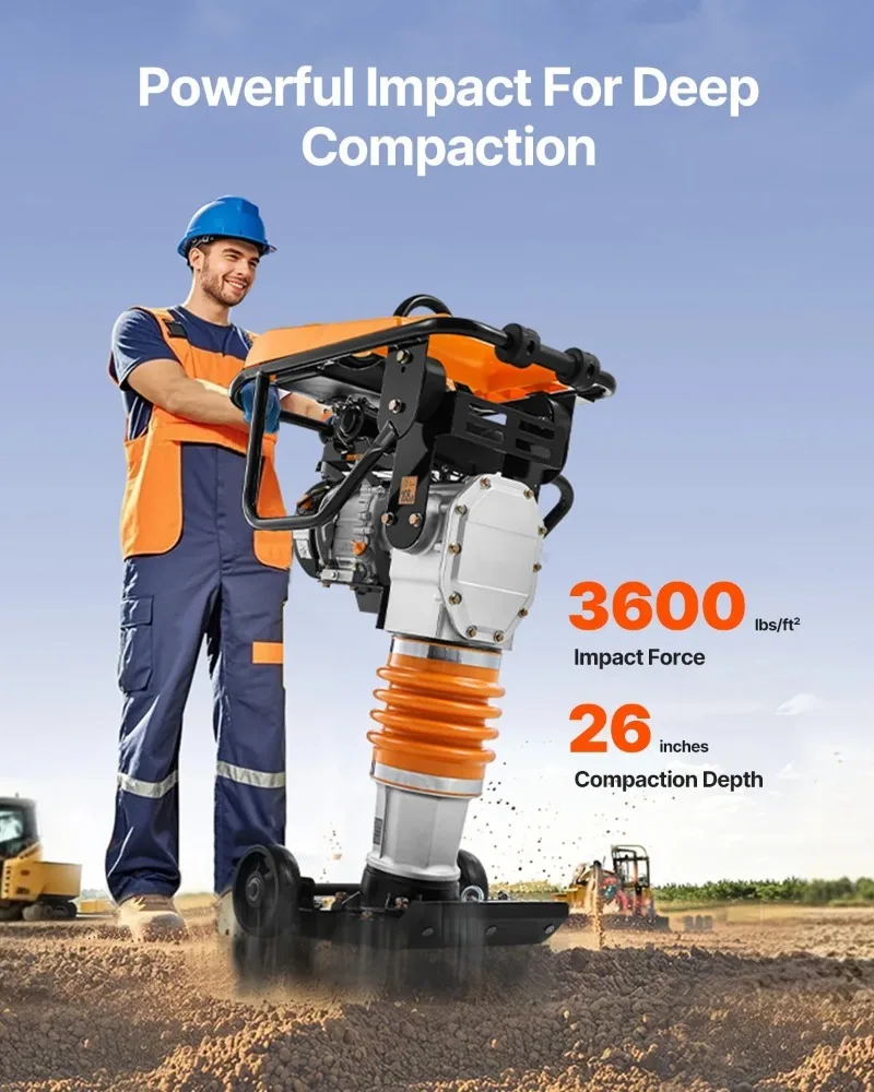 

【Из Китая】 Вибрационный трамбовщик Jumping Jack Compactor 6.5 с бензиновым двигателем 196 куб. см, трамбовочная сила 3600 фунтов на кв. дюйм для грунта и гравия
