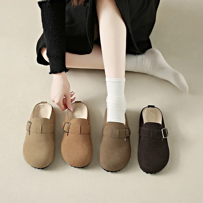 

Faux Suede Flat Slippers Women Toe Mules Shoes Woman Soft Sole Cork Slides Velvet Lining Slippers Women Winter Zapatos Mujer