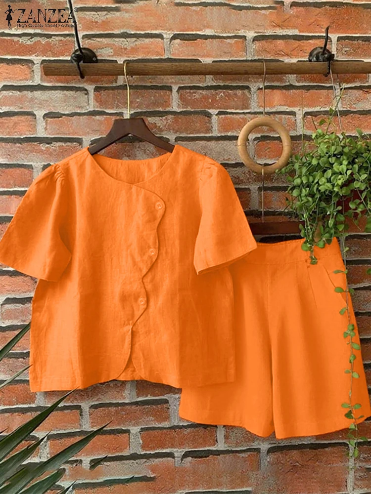 半袖セットアップ レディース 無地 カジュアル ゆったりトップス ウエストゴム ショートパンツ ZANZEA 2025 夏 ファッション OL 仕事 マッチングセット 2点セット