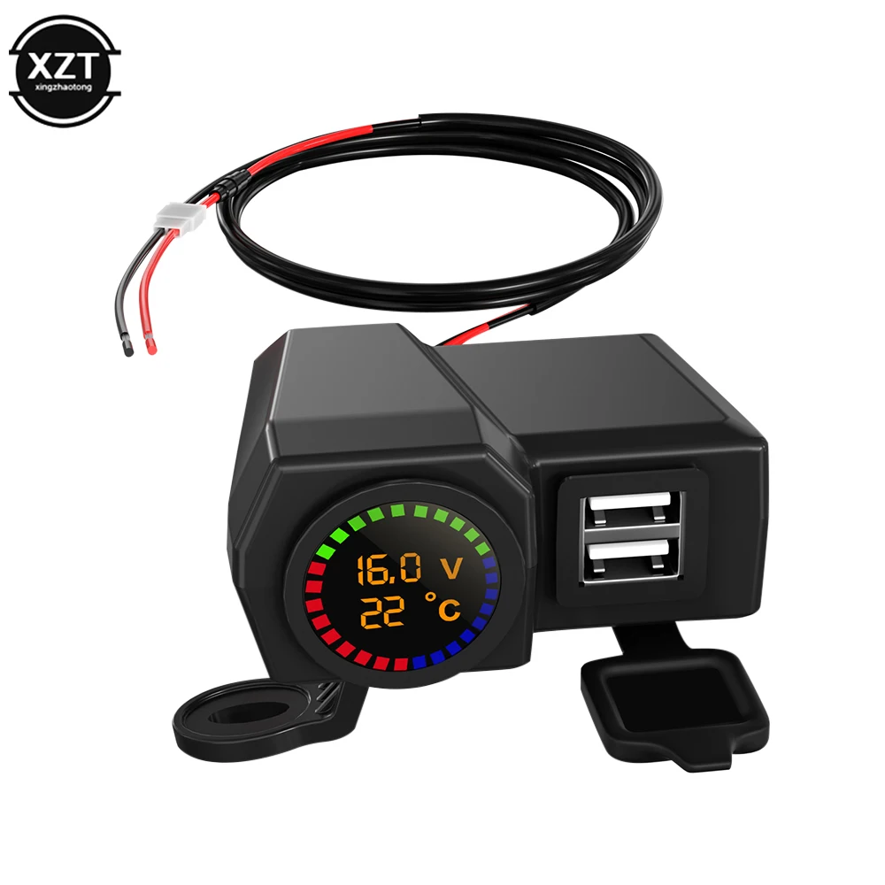 QC3.0 Motorcycle Dual USB Type C Charger Fast Charging Voltmeter Thermometer Digital Display 3.4A Mobile Phone Charger Socket