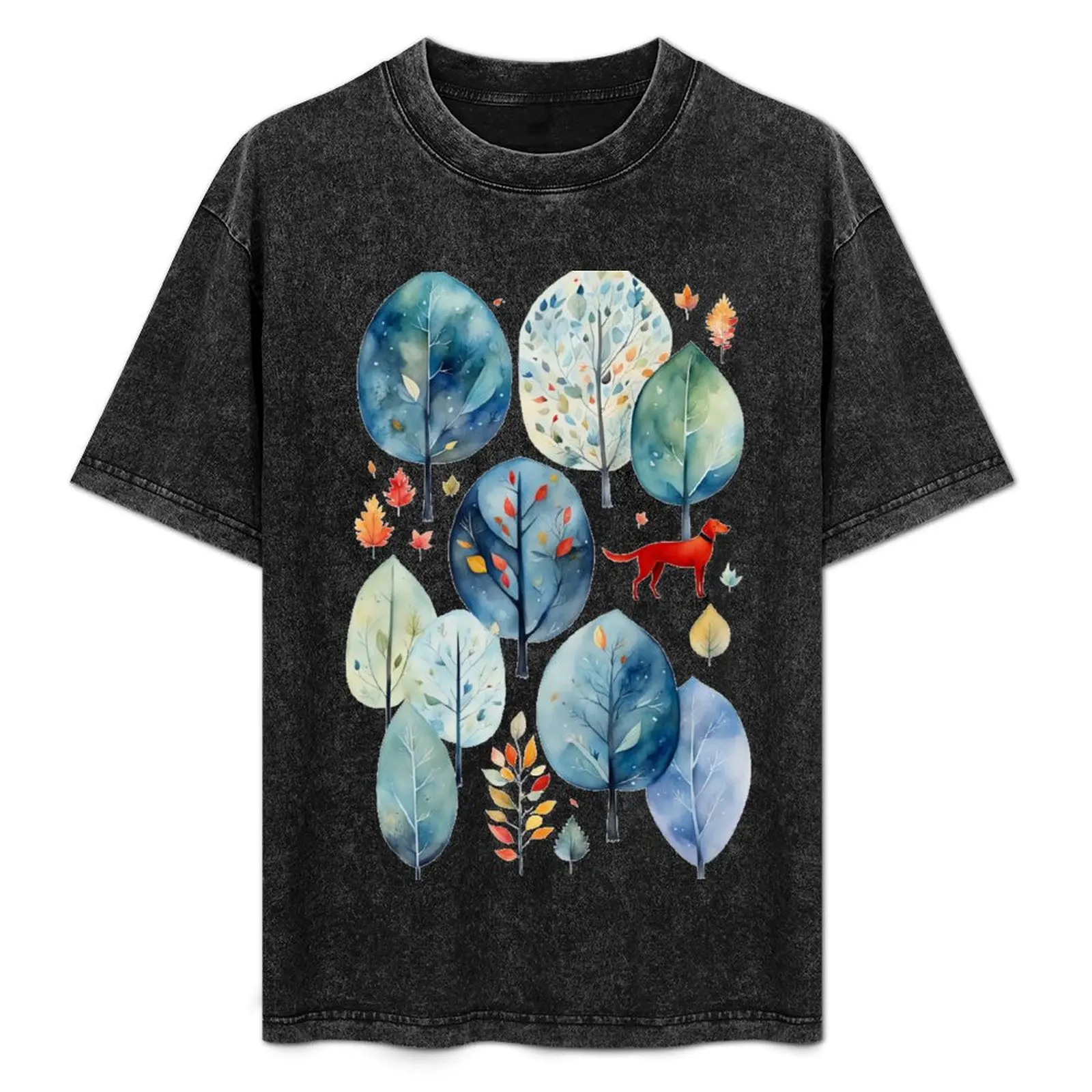 

Red Dog in the Woods, city story, watercolor T-Shirt Simple Casual Short Sleeve Tee
