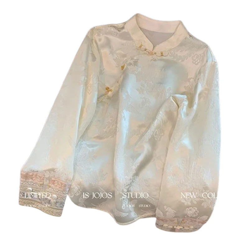 Satin Silk Jacquard Blouses Women Long Sleeve Retro Vintage Chinese Style Cheongsam Top Oversized