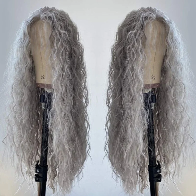 Long Grey Deep Curly  Hair Wigs Water Curly Lace Front Glueless Wigs Remy