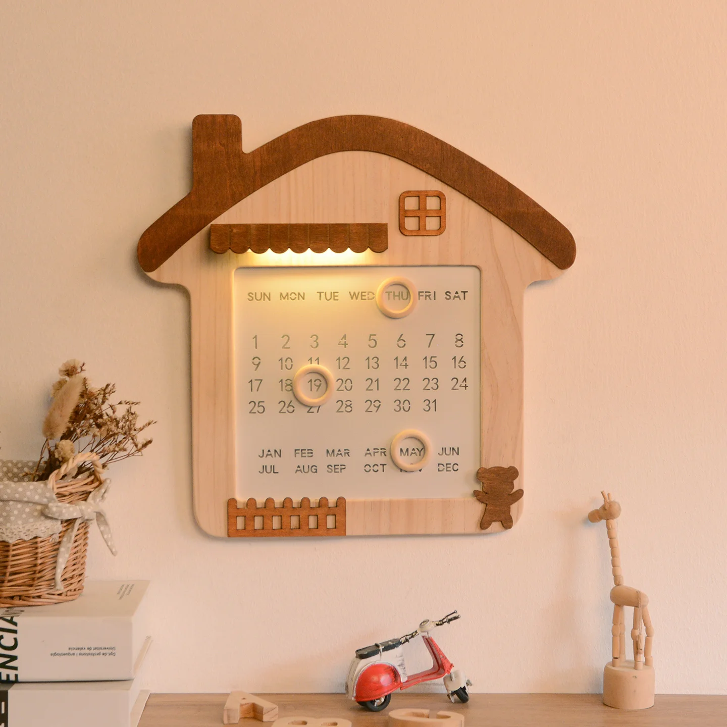 New Cute Cartoon Style Wooden Wall-Mounted Calendar Wall Pendant Entrance Hall Creative Appearance Home Decoration Pine Wood