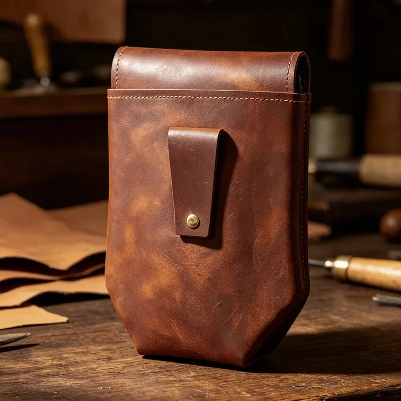 Top Quality Men Crazy Horse Leather Waist Bag Small Vertical Mobile Phone Bag Vintage Work Flap Mini Pouch