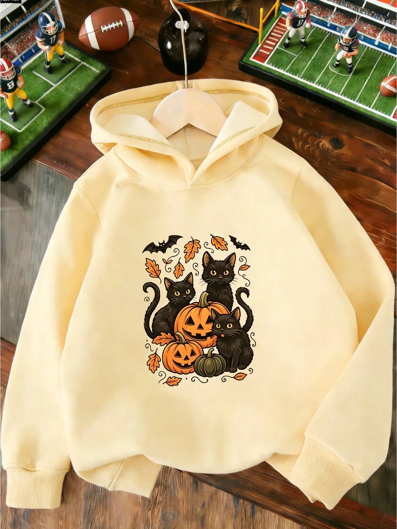 Boys Girls Winter Hoodies Halloween Funny Black Cat Pumpkin Lantern Pattern with Bat And Orange Leaves Elements Funny