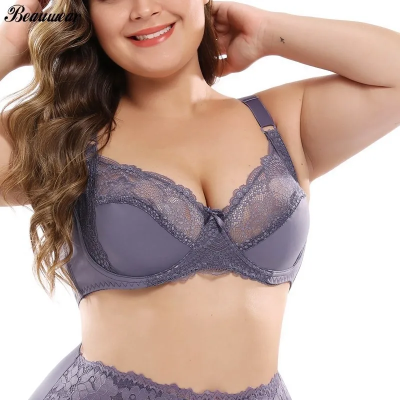 

Beauwear Lace Perspective Bras Women Sexy Floral Lingerie 3/4 Cup Deep V Boost Push Up Plus Size C D DD E 85 90 95 100 105 110