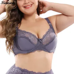 Beauwear Lace Perspective Bras Women Sexy Floral  Lingerie 3/4 Cup  Deep V Boost Push Up Plus Size C D DD E 85 90 95 100 105 110