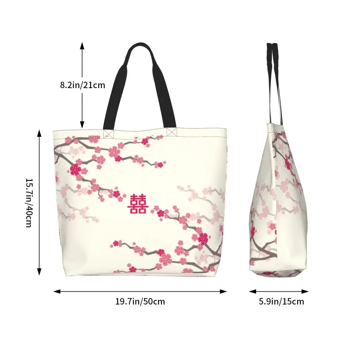 Kersenbloesems Op Crème En Dubbel Geluk Canvas Boodschappentassen Duurzaam Grote Capaciteit Boodschappen Sakura Shopper Draagtassen