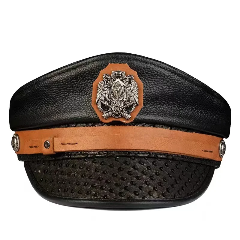 Men's Fashion Motorcycle Riding Hat Male Genuine Cowhide Leather Dots Exclusive Shield Caps with Belt Novelty Gift for Men Dad