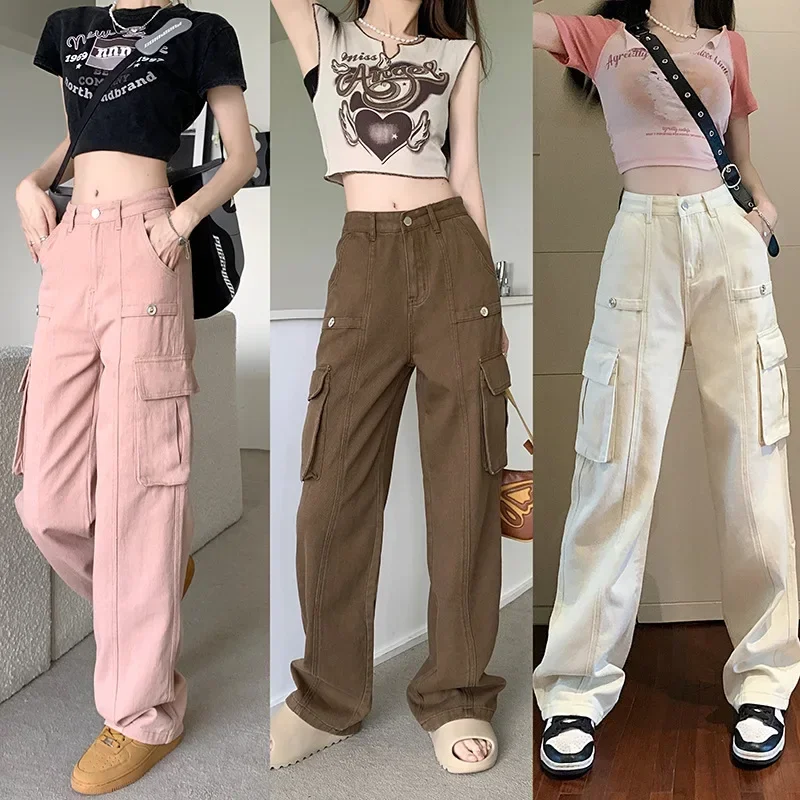 

Pink Cargo Jeans Women 2023 New Fashion Vintage Streetwear Straight Pocket White Wide Leg Pants Full Length Mom Jeans