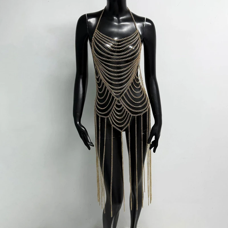 Damen Silberne Halter-Bodykette, Mehrschichtiger Quasten-Harness, Körperschmuck, Langer Fransen-Bodykleid für Club, Rave, Festival, Party – Detail 7