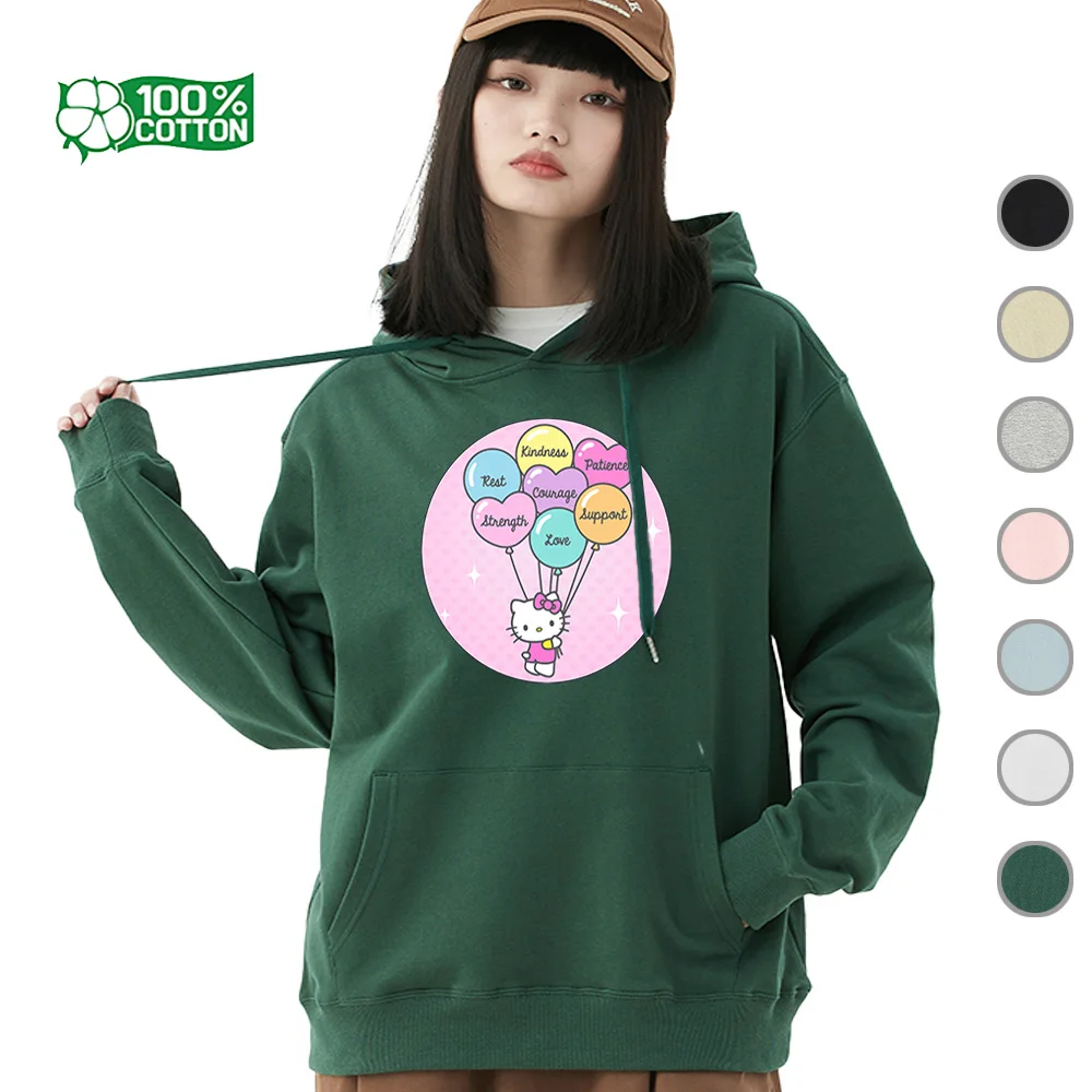 Doce kawaii hello kitty impresso moletom com capuz, pulôver aconchegante 100% algodão, sanrio estilo bonito roupas superiores presente