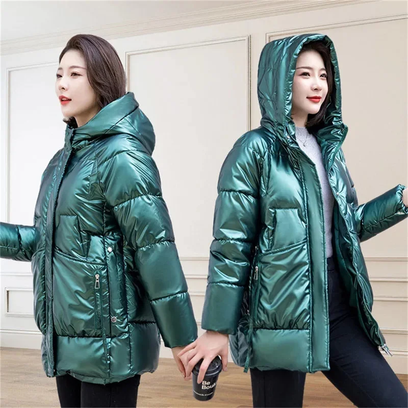 Winter Jacket Women Parkas Glossy Down Cotton Padded Parka 2022 New Female Jacket Loose Thick Outwear Hooded Warm Outcoat Black