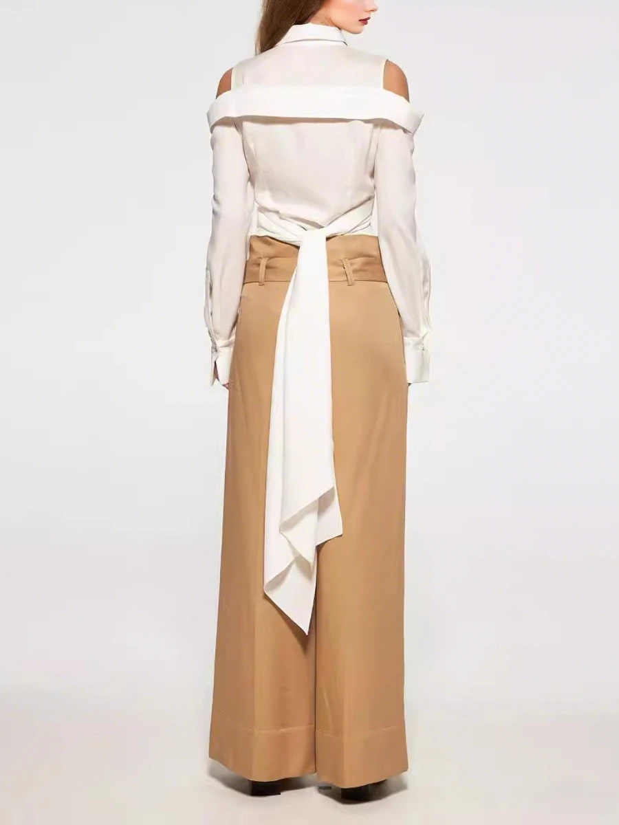 CHICEVER Sexy Basic Style Solid Shirt for Women Lapel Long Sleeve Off Shoulder Spliced Bandage Temperament Shirts Female Summer