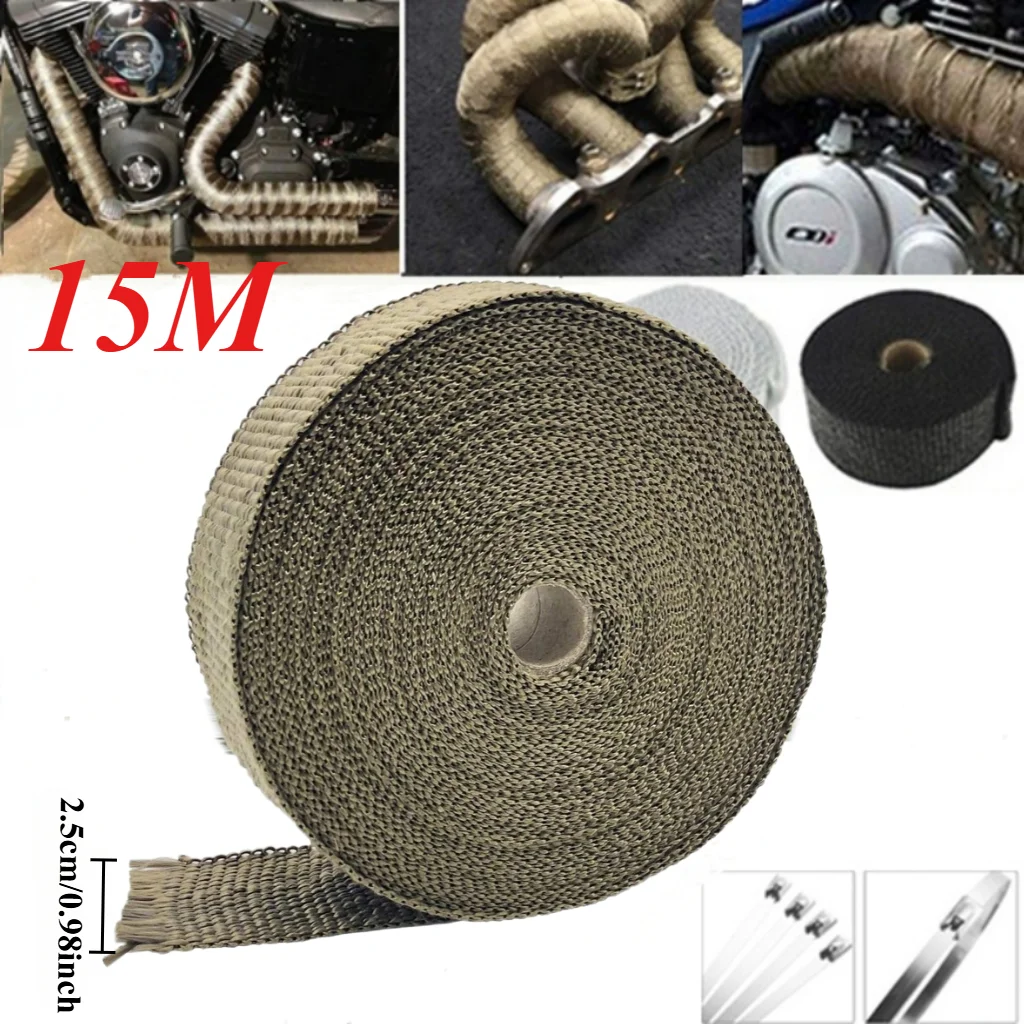 2.5CM*15M Exhaust Pipe Insulation Thermal Heat Wrap Wide Roll Banana Cloth Motorcycle Fiberglass Heat Shield Tape
