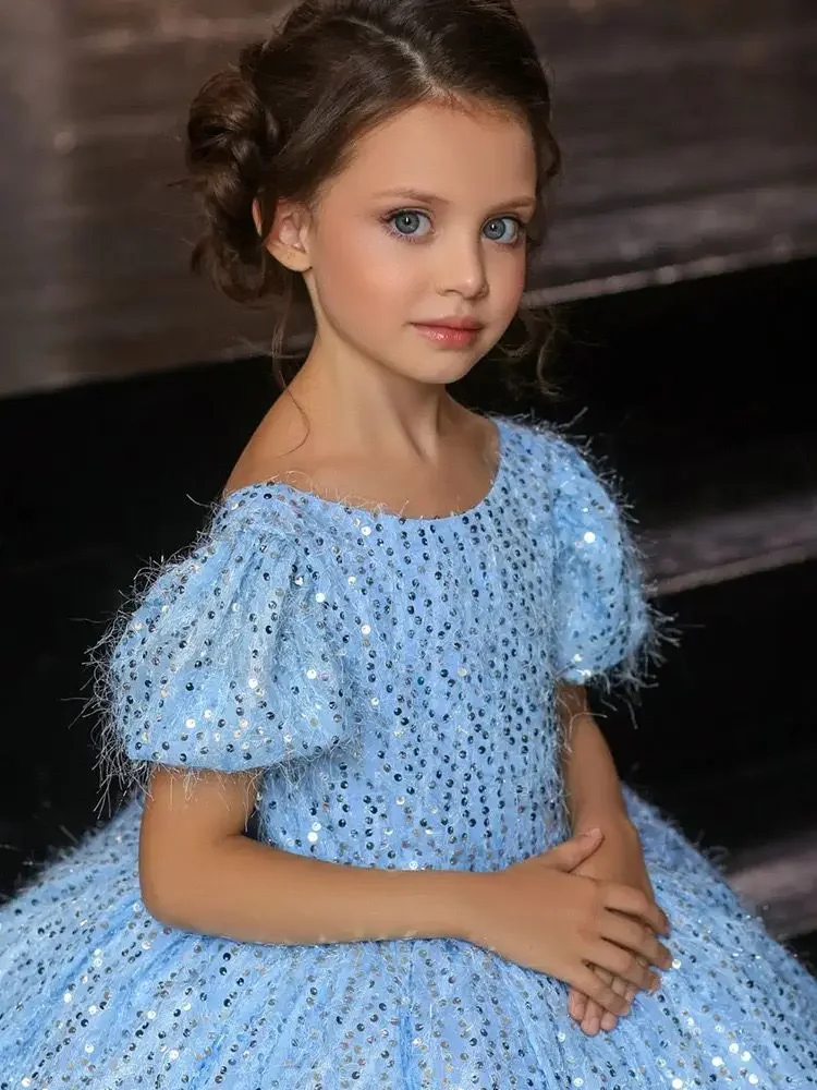 

Shining Sky Blue Flower Girl Dresses for Wedding Sequins Bow Girl Kids Birthday Ball Gown First Holy Communion Gowns Customized