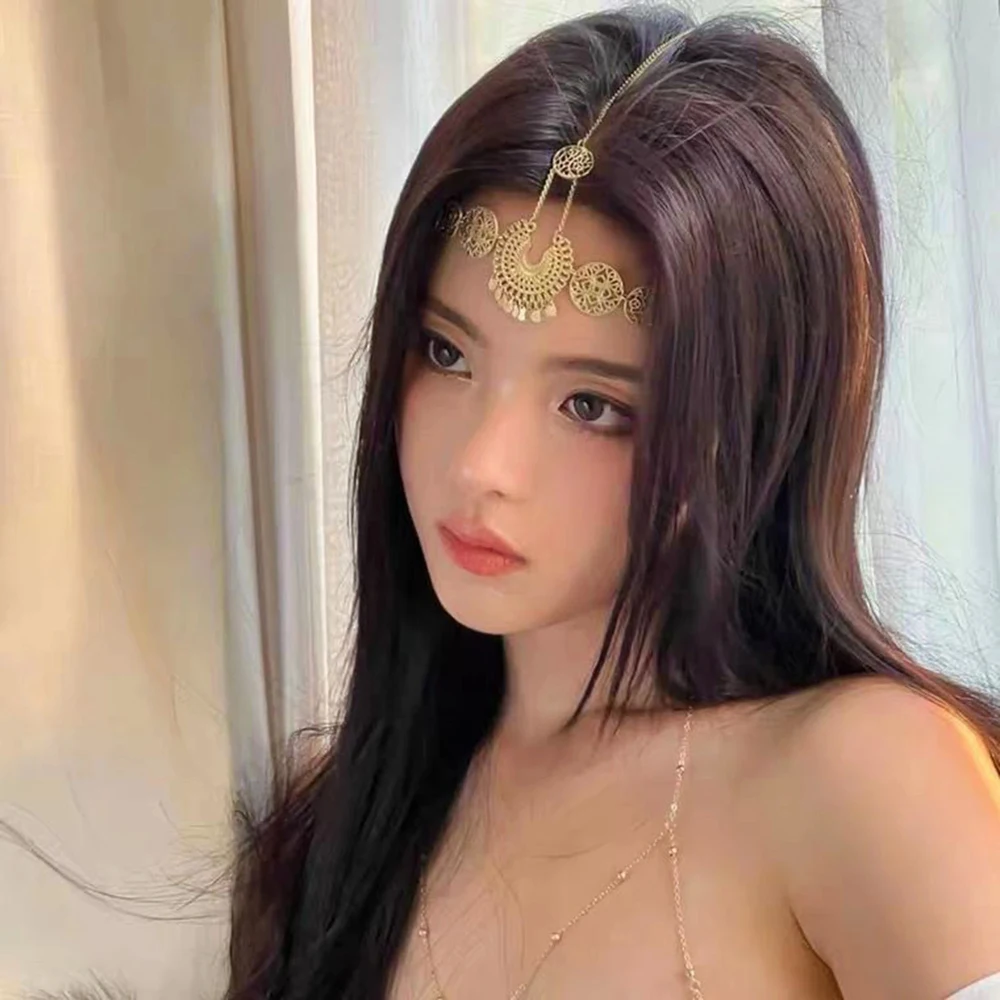 Trendy Boho Greek Ethnic Forehead Head Chain Golden Silvery Hollow Carved Flower Headpiece Tribal Bride Hair Accessories Jewelry