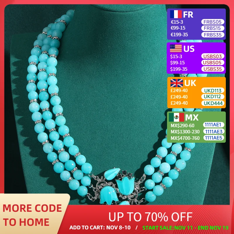 

Vintage Layered Beads Necklace Large Blue Magnolia Choker Elegant Collar Flower For Women Antique Jewelry Accessories Engagement