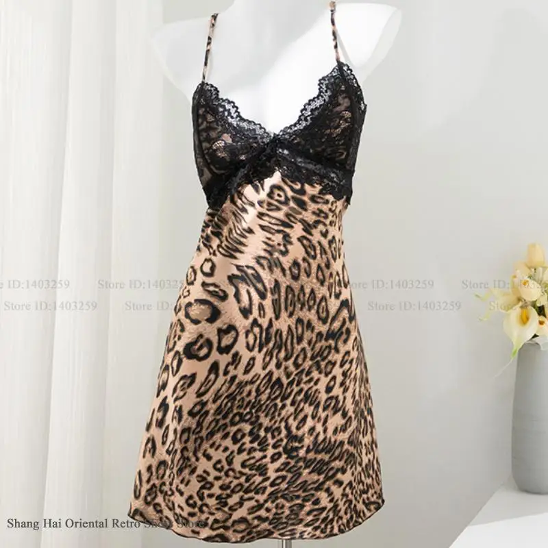 Female Leopard Twinset Robe Set Nightgown Sexy Patchwork Lace Backless Nightdress Home Clothing Silk Satin Sleepwear Lingerie