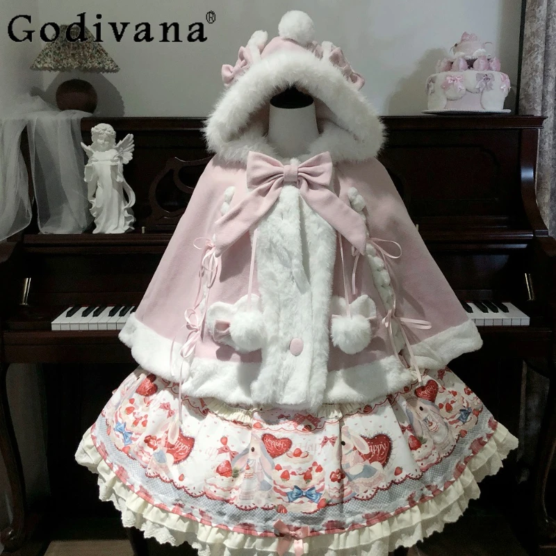 

Оригинальный японский мягкий розовый плащ с капюшоном в стиле Лолиты для девочек, зимняя новая плюшевая теплая однобортная короткая куртка, женские пончо Y2K