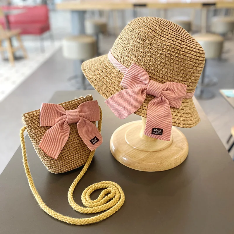 2-8 year old children\'s sun hat summer new straw bag hat set baby travel sunscreen beach hat sun Bucket hat children\'s straw hat