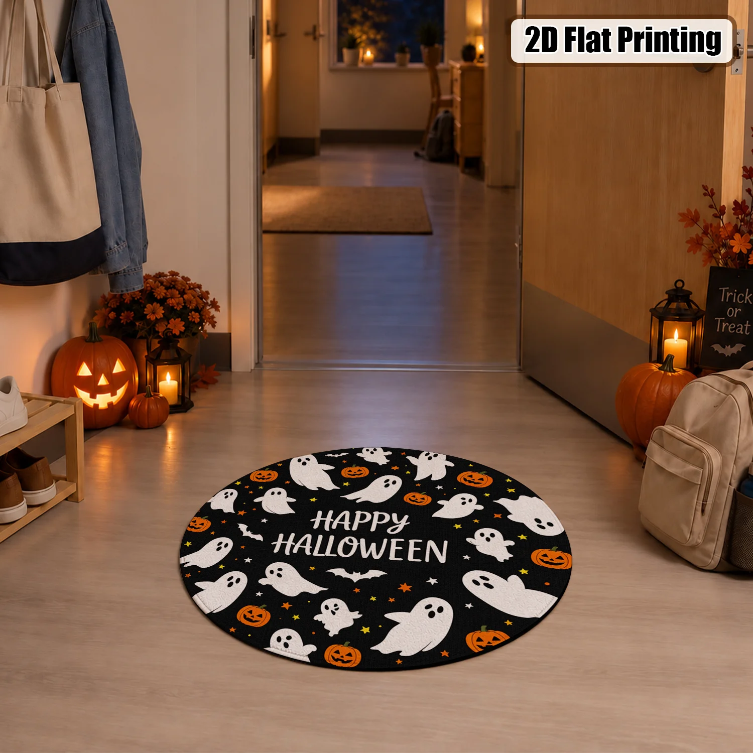 Cute Ghost Pumpkin Bat Pattern Round Velvet Rug, Machine Washable Soft Floor Mat for Living Room, Bedroom, Entryway, Dining Area, Ideal for Halloween, Thanksgiving, Christmas, New Year, Black Friday, Cyber Monday Home Decor