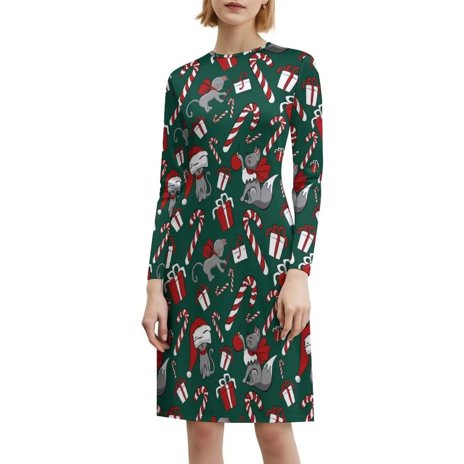 نمط قطة عيد الميلاد ° فستان قصير بنمط Preppy باللون الأخضر للنساء على شكل حرف A فستان كاجوال فضفاض مناسب للقطط والقطط وعيد الميلاد مثالي #1
