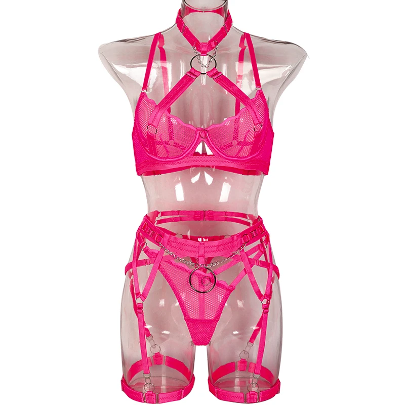 MUZISKAT Curvy Women Lingerie Luxury Brand Erotic Mesh Transparent Bra 3 Piece Lingerie Set with Garter Sexy Porn Suits