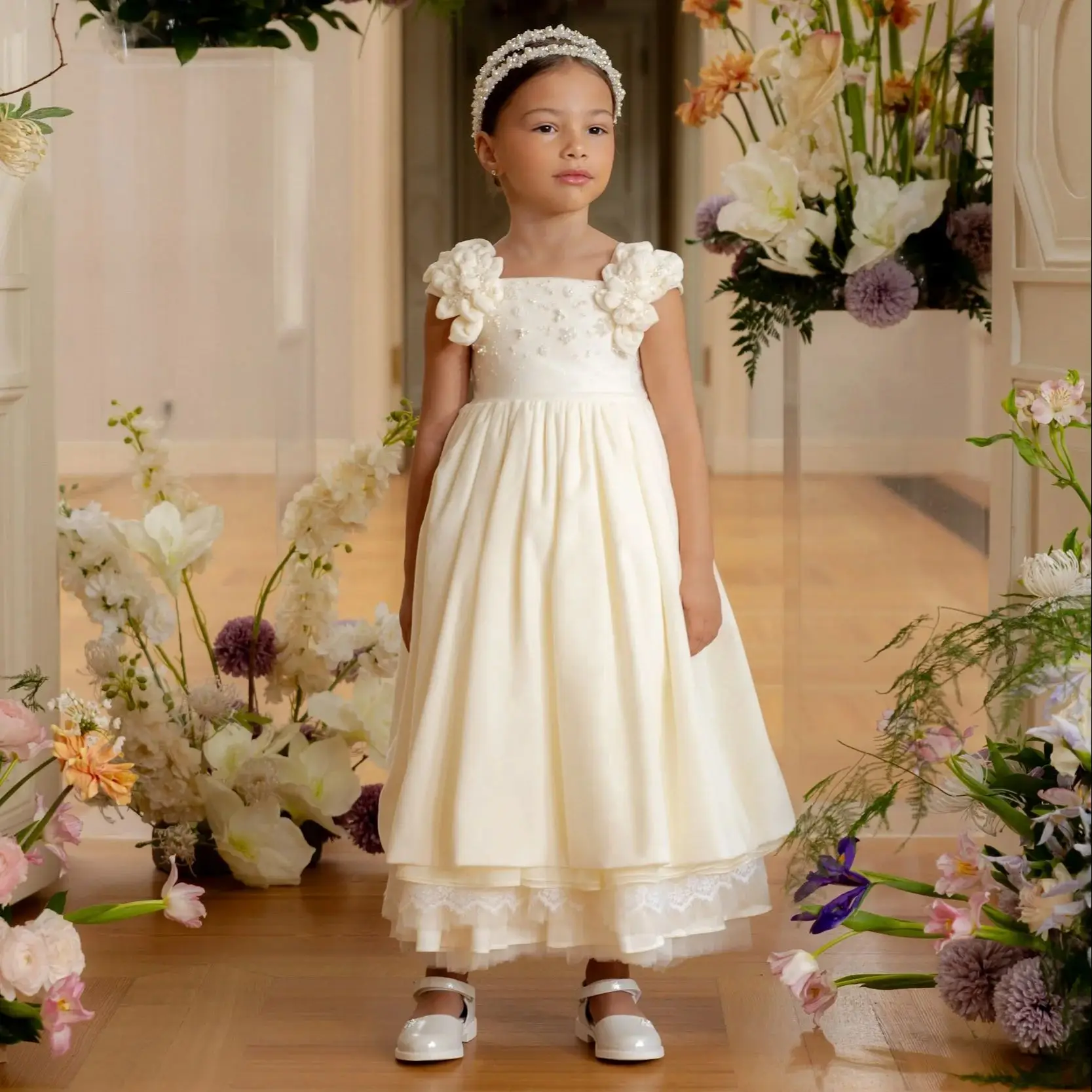 Ivory Flower Girl Dresses For Wedding Customized Floral Princess Girl's Birthday Gowns Ankle Length First Communion Dresses
