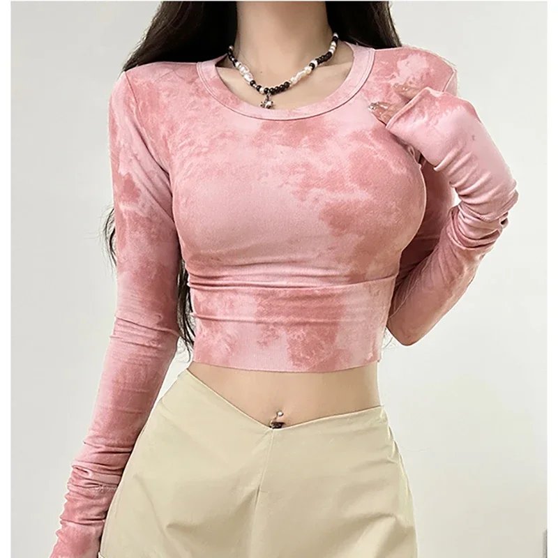 

ITOOLIN Women Tie Dye Casual T-shirts Slim Sexy Cropped Shirts Long Sleeve O-Neck Tee High Street Female Tops Spring Summer 2025