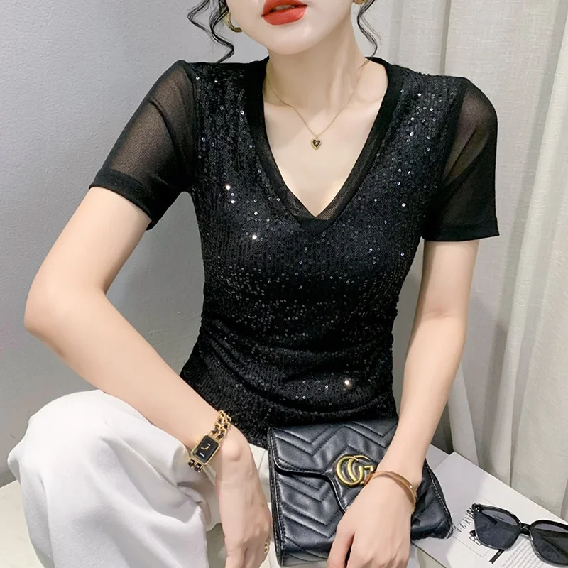 Sexy V-Ne T-irt Women's ort Sve Slim Fit Me Splice Sequin Top Faionable Summer Wear Commute Sle Korean Version