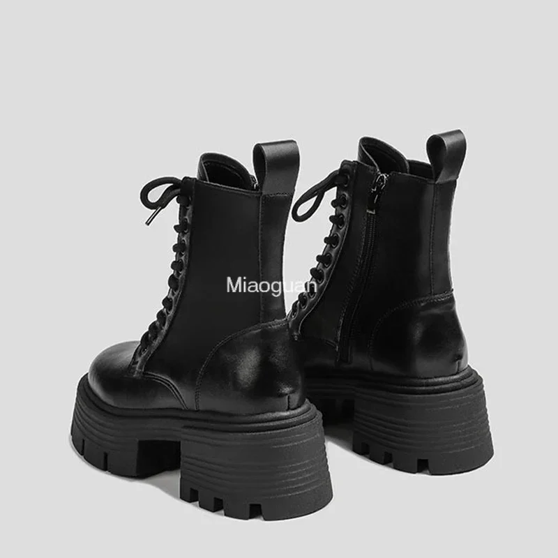 Winter Ankle Lace Up Chelsea Boots Women 2023 New Motorcycle Boot Platform Round Toe Chunky Shoes Goth Casual Punk Black Lady PU