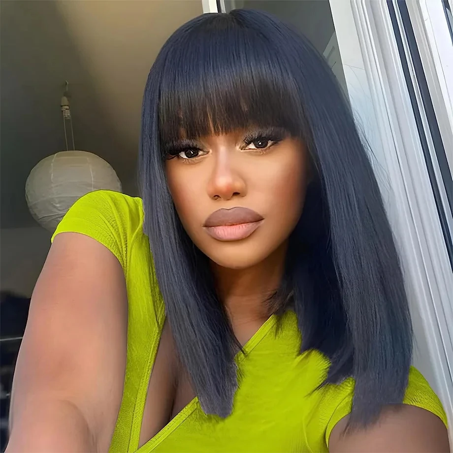 Cheap Glueless Short Straight Bob Human Hair Wigs With Bang Full Machine Made Wigs Brazilian Remy Wear and Go Bob Wig For Women