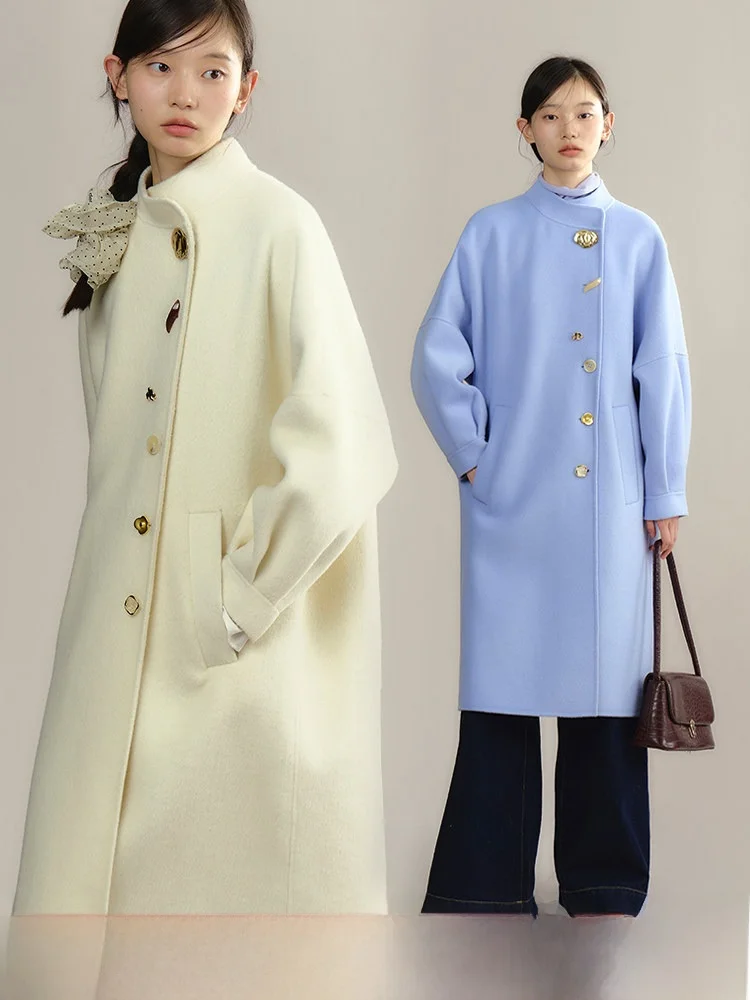 

Оригинальный дизайн Uare: Винтажное шерстяное пальто «Тосканский первый снег» с воротником-стойкой, уникальными пуговицами, двустороннее, для женщин, свободный крой, осень