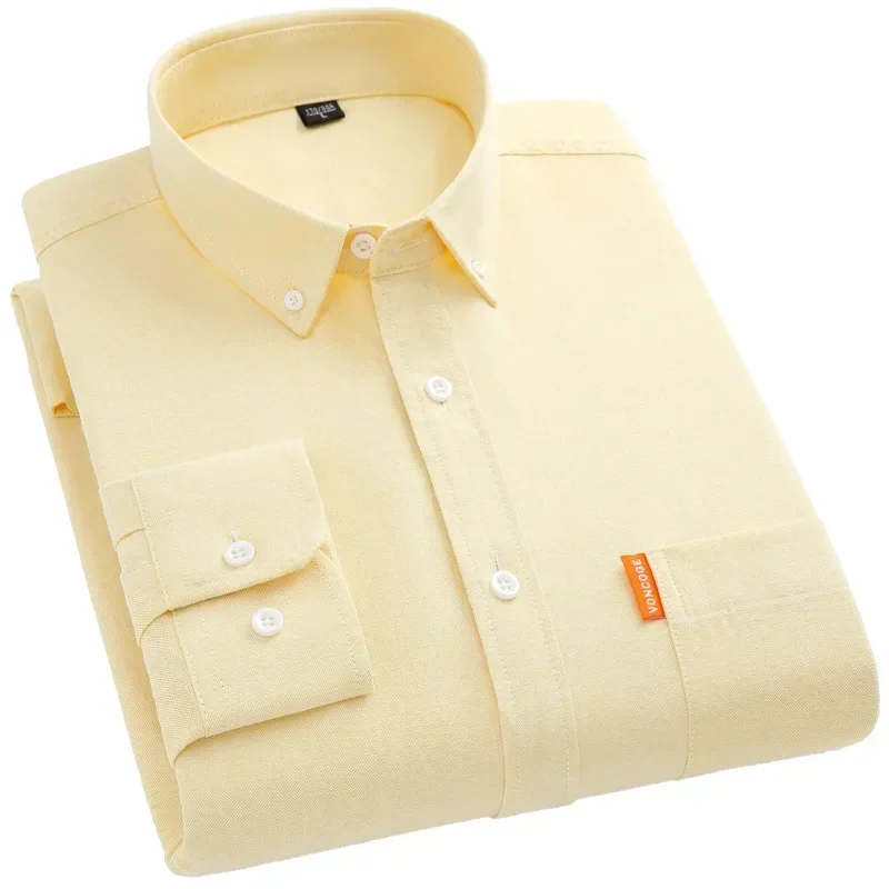 Oxford Cotton Long sleeved Shirt for Men's Spring and Autumn Outerwear Yellow Button Collar Shirt Inch Top Overlay