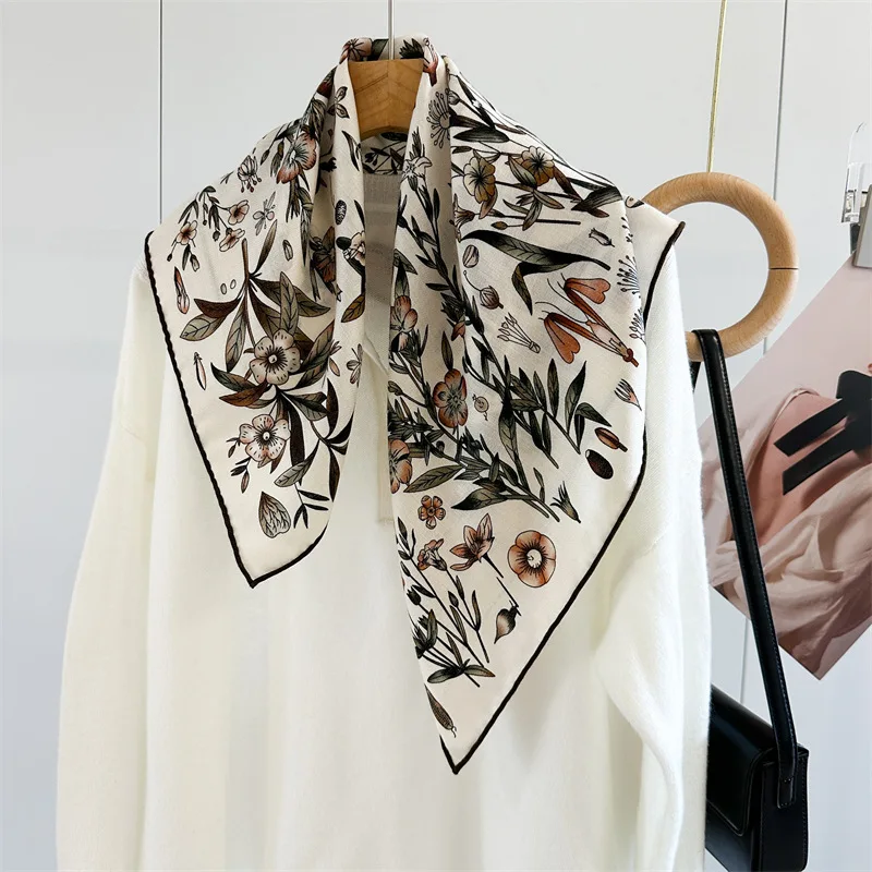 

70% Wool 30% Silk Square Scarf for Women Autumn Winter Floral Print Neck Scarves Elegant Womens Shawl Gifts for Women Accessory
