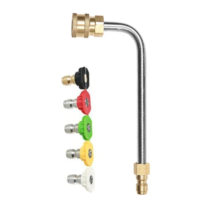 Ulepsz swoje możliwości czyszczenia dzięki przedłużeniu myjki wysokociśnieniowej o długości 17 cm i krzywiznie 90 stopni oraz 5 końcówek dysz rozpylających