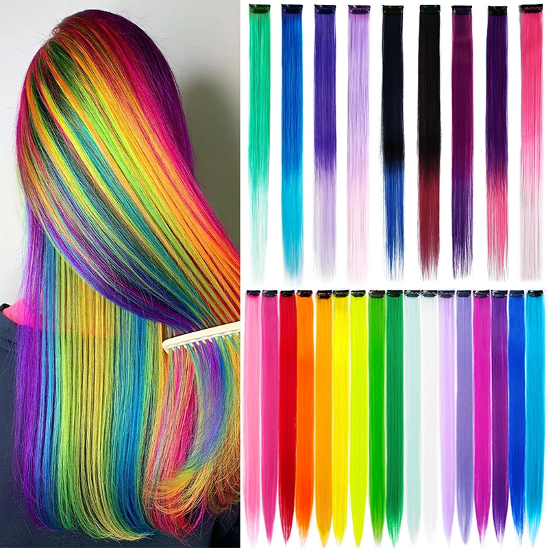 Colored Hair Extensions 22Inch Party Highlights Clip in Hair Straight Rainbow Hairpiece Synthetic Hair Piece for Girls Kids Gift